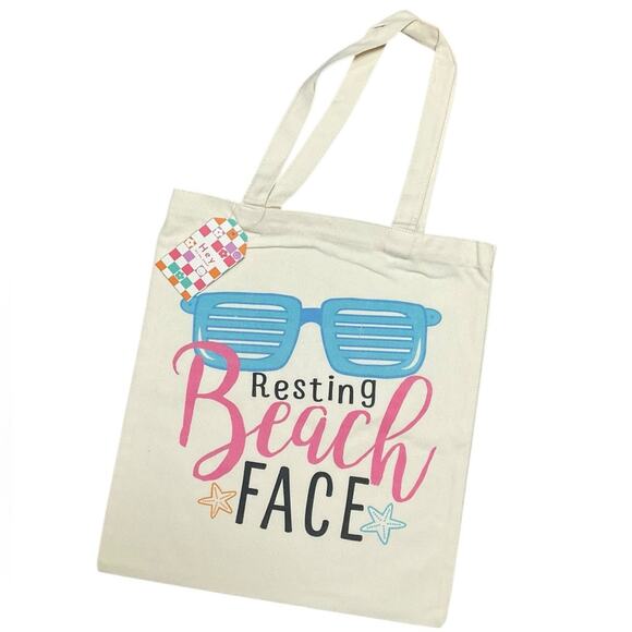 Hey Canvas Tote Bag with Blue and Pink Print NWT - Picture 1 of 5